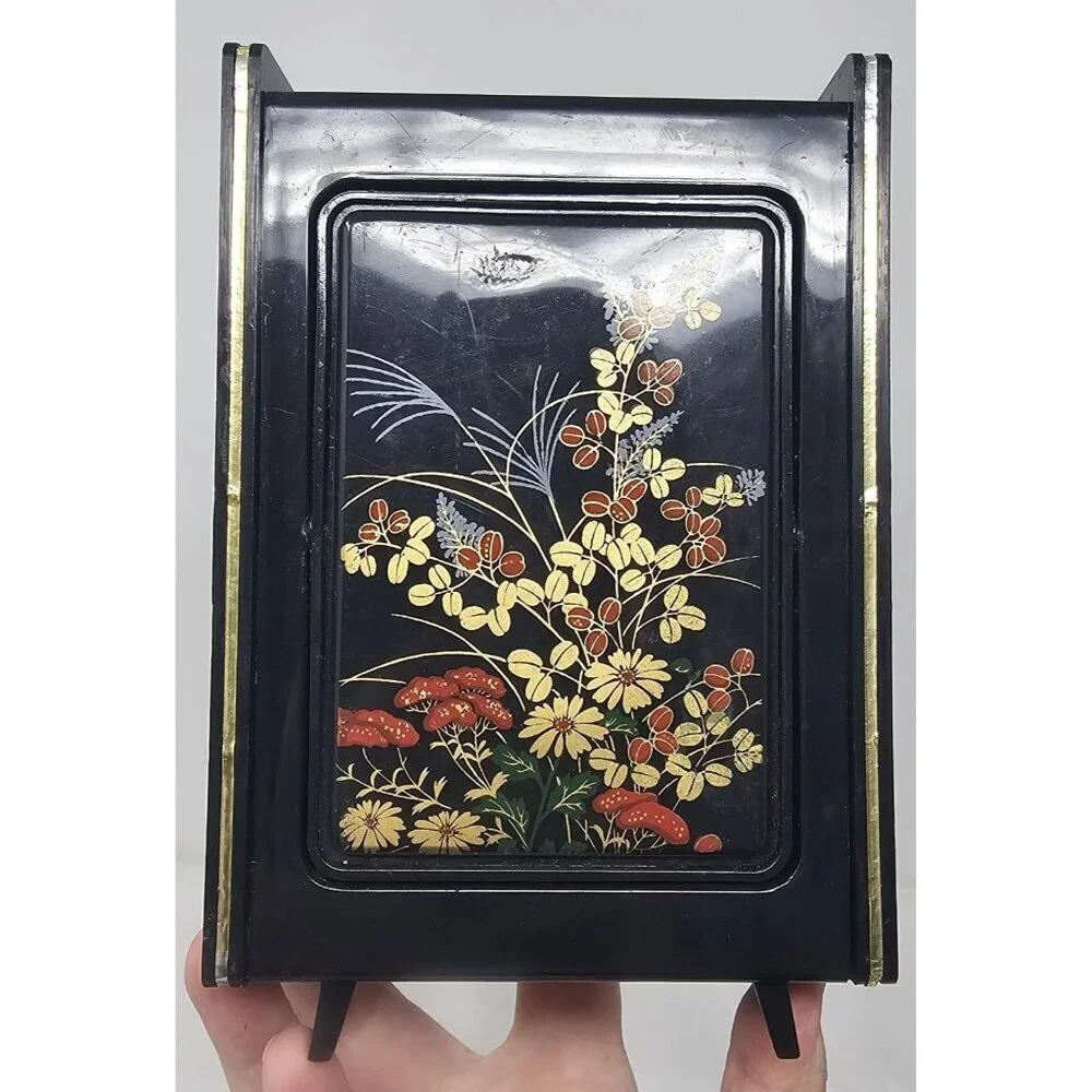 Vintage Hong Kong Black Vanity Jewelry Trinket Box Flip Rotating Mirror Floral